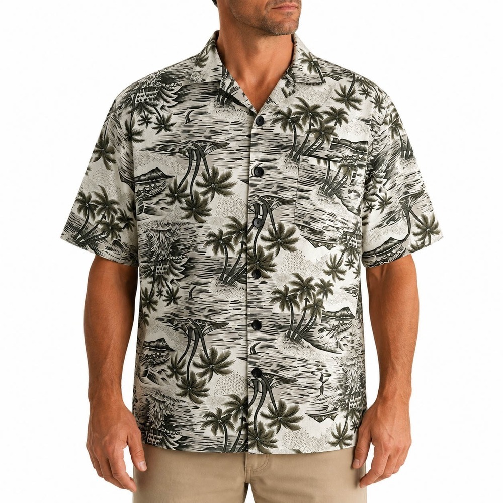 Hana Bay Hawaiian Shirt Large Palms Islands Birds‎ Outriggers Olive-Green Tan